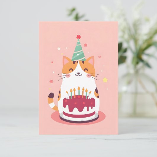 Carte Belle chatte avec gâteau d'anniversaire (Debout devant)