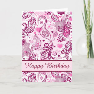 Carte Belle conception d'oiseaux roses Joyeux anniversai