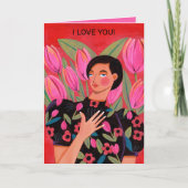 Carte Belle femme avec cœur de tulipe Saint-Valentin (Devant)