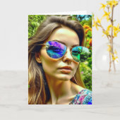 Carte Belle fille avec lunettes de soleil Fleurs de réfl (Fleur jaune)