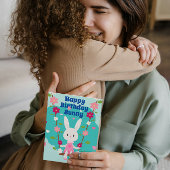 Carte Belle fille blanche lapin avec marguerite illustra