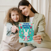 Carte Belle fille blanche lapin avec marguerite illustra