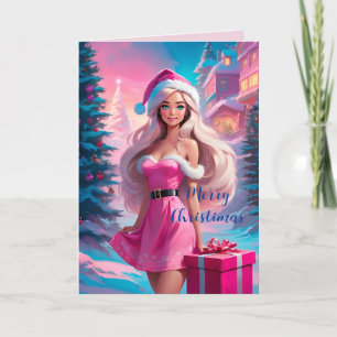 Carte Belle fille de Noël rose 01