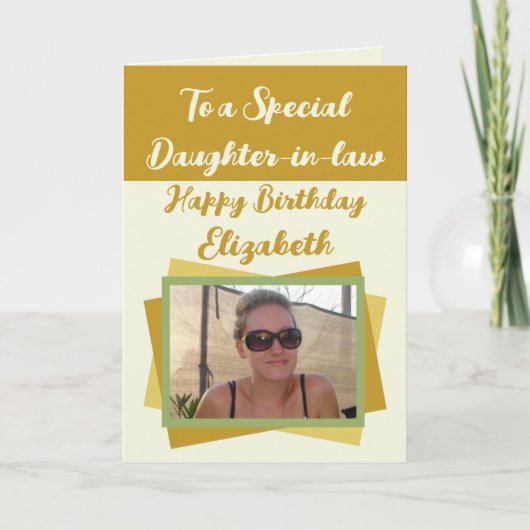 Carte Belle-fille photo nom or vert anniversaire (Devant)