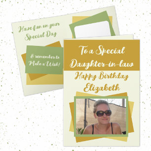 Carte Belle-fille photo nom or vert anniversaire