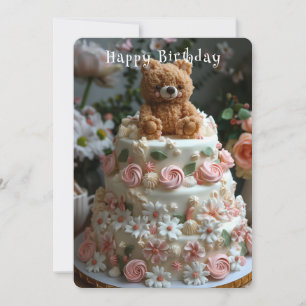 Carte Belle gâteau d'anniversaire Teddy Bear Joli Fleurs