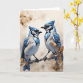 Carte Belle Jays Bleus assis sur le membre d'arbre blanc (Fleur jaune)