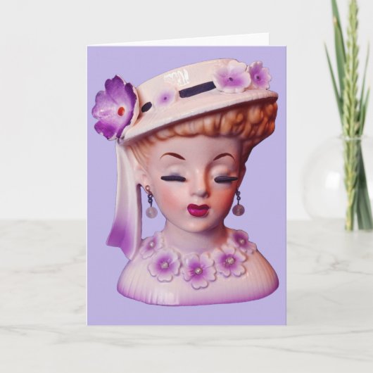 Carte Belle Lady Head Vase Purple Flowers 1960 Poupée (Devant)