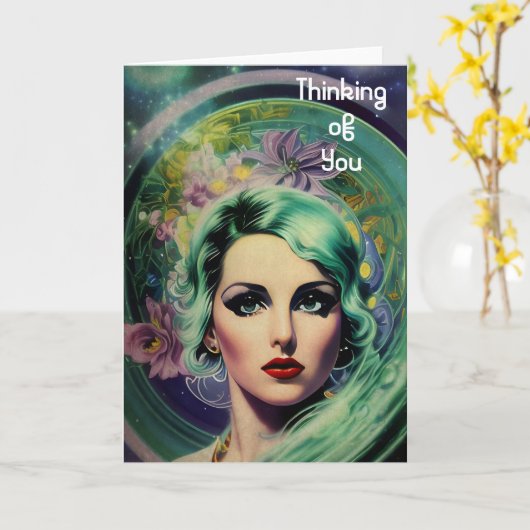 Carte Belle Lavande & Green Retro Style Space Woman (Fleur jaune)