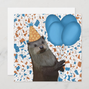 Carte Belle Otter D'Anniversaire Avec Ballons Bleus