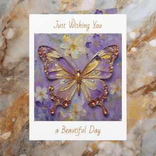 Carte Belle papillon violet et fleurs en impasto