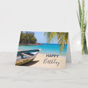 Carte Belle plage tropicale avec un Anniversaire en bate