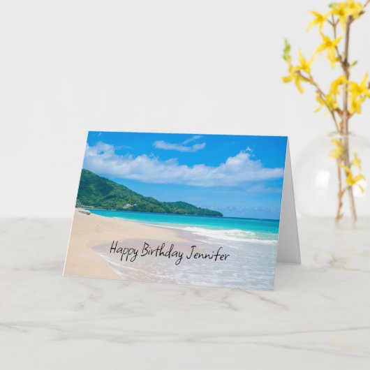 Carte Belle Plage Tropicale Océan Pittoresque Anniversai (Fleur jaune)