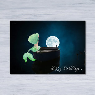 Carte Belle sirène en bateau avec Pleine lune Anniversai