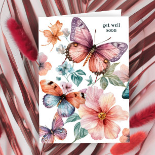 Carte Belles papillons et fleurs se portent bien bientôt