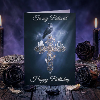 Carte Beloved Personalized Gothic Cross Raven Birthday