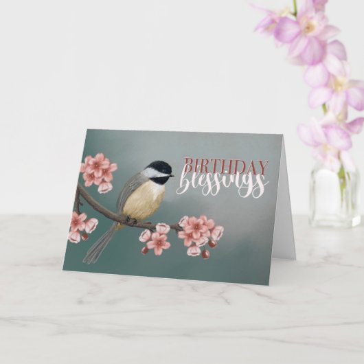 Carte Bénédiction d'anniversaire Chickadee avec fleurs d (Orchidée)