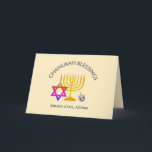 Carte Bénédiction de Chanukah | BARUCH ATAH ADONAI | Han<br><div class="desc">Carte de voeux moderne et élégante CHANUKAH. Le design montre un MENORAH couleur or avec l'étoile multicolore de DAVID et gris argenté DREIDEL. En haut il y a le texte courbe qui dit CHANUKAH BÉNÉFICIE et en dessous le texte dit BARUCH ATAH, ADONAI (Heureux vous, ô Dieu). A l'intérieur, il...</div>