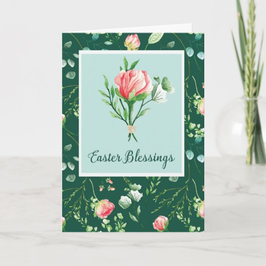 Carte Bénédiction de Pâques avec fleurs sur vert foncé (Devant)