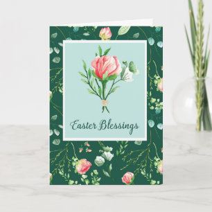 Carte Bénédiction de Pâques avec fleurs sur vert foncé