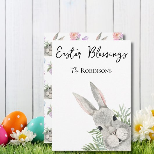 Carte Bénédiction de Pâques Curieux lapin gris Feuilles