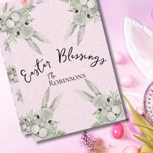 Carte Bénédiction de Pâques Curieux lapin gris Feuilles