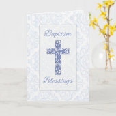 Carte Bénédictions de baptême de garçon Croix bleue Dama (Fleur jaune)