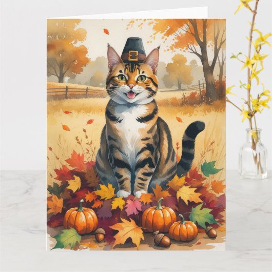 Carte Bengale Chat à l'automne quitte Thanksgiving Art (Fleur jaune)