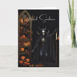 Carte Béni Samhain Halloween squelette Citrouilles