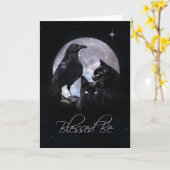 Carte Béni Sois Corbeau et Chat Noir Wicca Anniversaire (Fleur jaune)