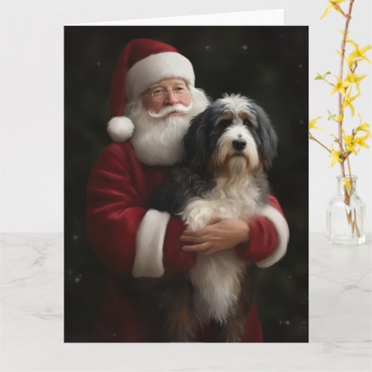 Carte Bernedoodle avec Noël Festif du Père Noël (Fleur jaune)