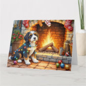 Carte Bernedoodle Cheminée avec Lumières de Noël (Devant)