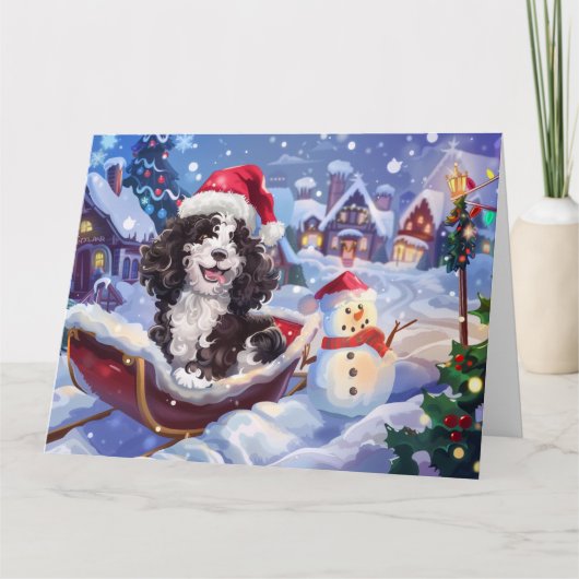 Carte Bernedoodle Chien dans Sleigh neige Noël (Devant)