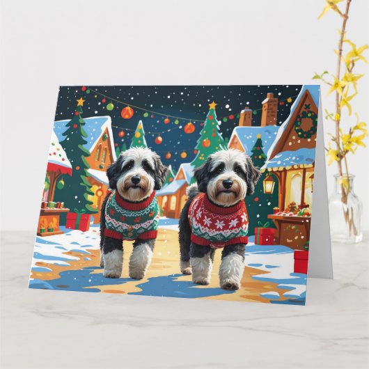 Carte Bernedoodle Chiens Noël Fête de la Neige (Fleur jaune)