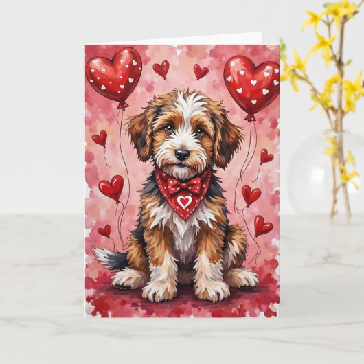 Carte Bernedoodle Valentine Dog Sitting with Hearts Red (Fleur jaune)