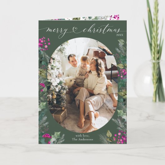 Carte Berries botaniques vertes modernes Photo Noël (Devant)