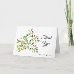 Carte Berries roses et Merci Mariage de feuillage vert