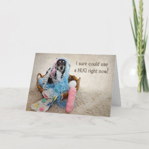 CARTE BESOIN D'UN HUG - HUMOUR - CHIEN TANGÉ EN YARN