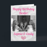 Carte Best Friends Besties BFF Anniversaire Ajouter des<br><div class="desc">Votre bestie adorera obtenir cette carte pour son anniversaire ! Personnalisez en ajoutant une photo de vous et de votre meilleur ami et les noms de votre choix. Un motif arrière - plan rose blanc et un coeur composé de petits coeurs complètent le design. Meilleurs amis pour toujours ! !...</div>