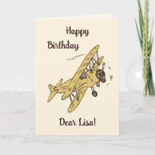 Carte Bi-planes Art Déco - jaune Joyeux Anniversaire + n