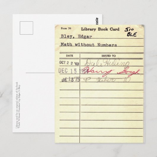 Carte Bibliothèque 510 Math Sans Numéros (Devant / Derrière)