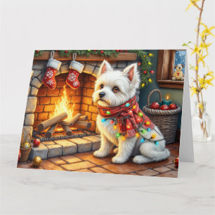 Carte Bichon Frise Cheminée avec Lumières de Noël