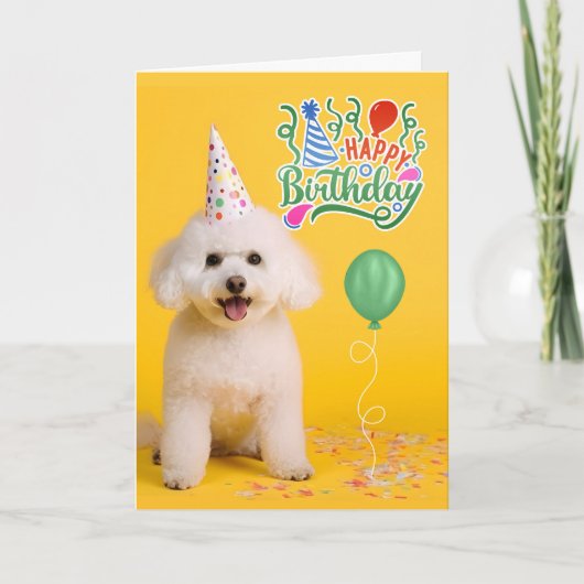 Carte Bichon Frise Dog in Party Hat on Yellow Birthday (Devant)