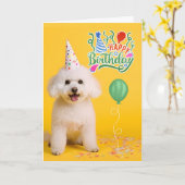 Carte Bichon Frise Dog in Party Hat on Yellow Birthday (Fleur jaune)