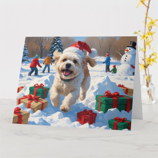 Carte Bichon Frise Noël Festive Scène de neige (Fleur jaune)