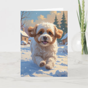 Carte Bichon Frise Noël Scène de neige peinture