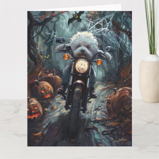 Carte Bichon Frise Riding Moto Halloween Scandale (Devant)