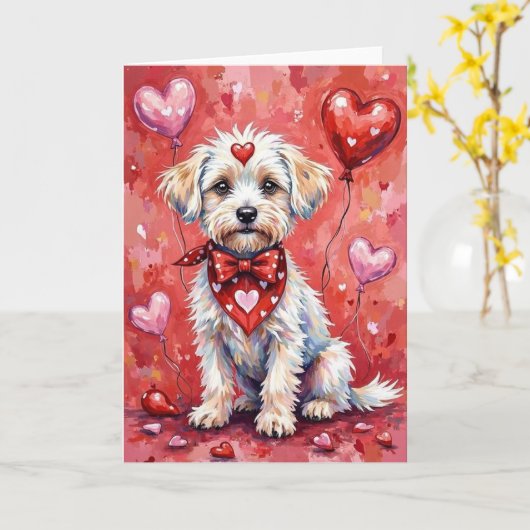 Carte Bichon Frise Valentine’s Day Dog with Hearts Red (Fleur jaune)