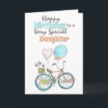 Carte Bicyclette floral panier whimsal ballon anniversai<br><div class="desc">A beautiful illustration of a hand drawn bicycle that has flowers on its wheels; a basket with oodle daisy flowers and two balloons tied to its saddle in shades of pastel peach orange, blue and yellow. The words, happy birthday to a very special daughter (which may be changed to granddaughter,...</div>