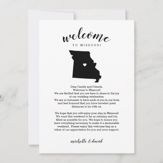 Carte Bienvenue à Missouri Lettre Mariage & Itinéraire (Devant)